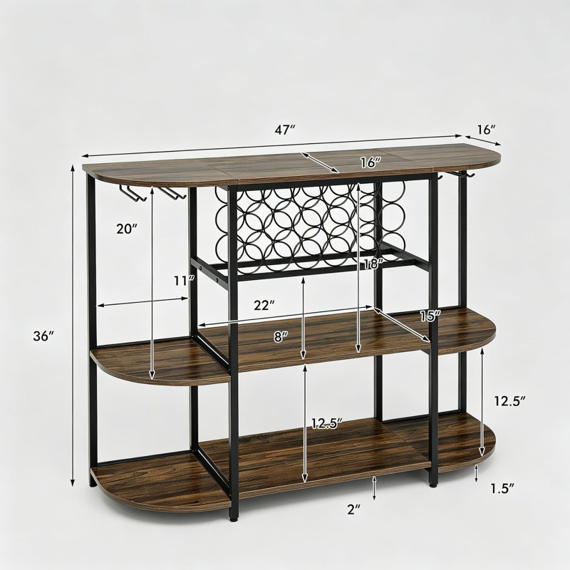 Armoire à vin avec support pour 18 bouteilles et porte-verres, îlot de cuisine autoportant de 47 pouces avec tablettes de rangement pour la salle à manger ou le salon