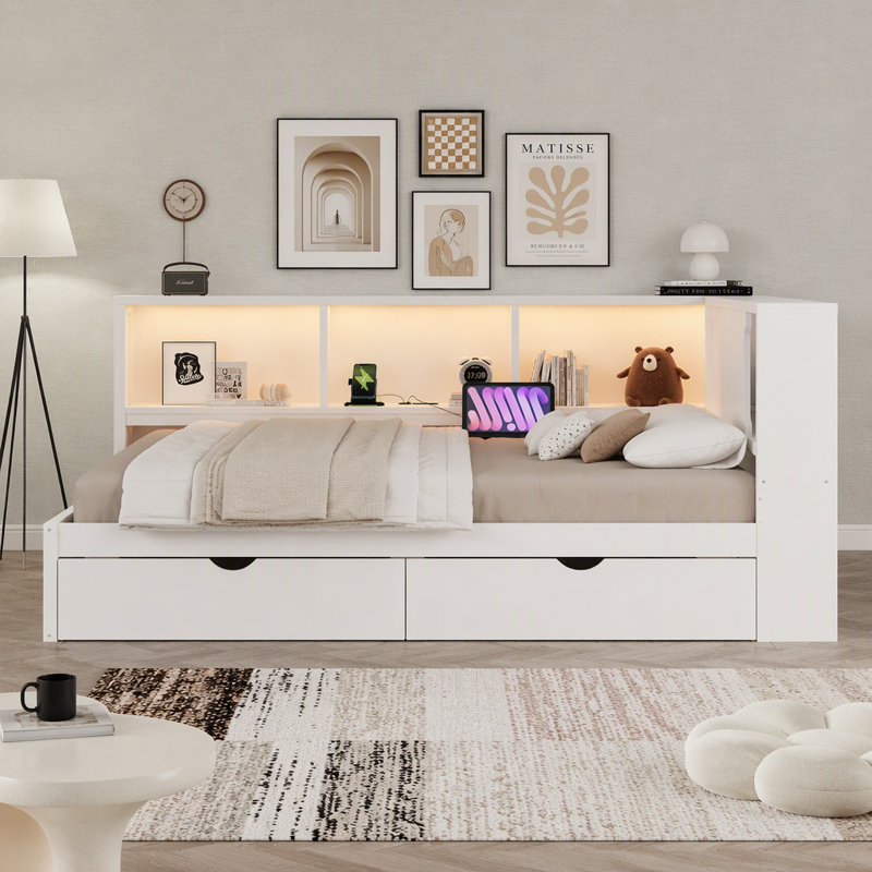 Grand lit de jour en bois avec tablettes de rangement, USB et DEL, Blanc, Tablettes; tiroirs