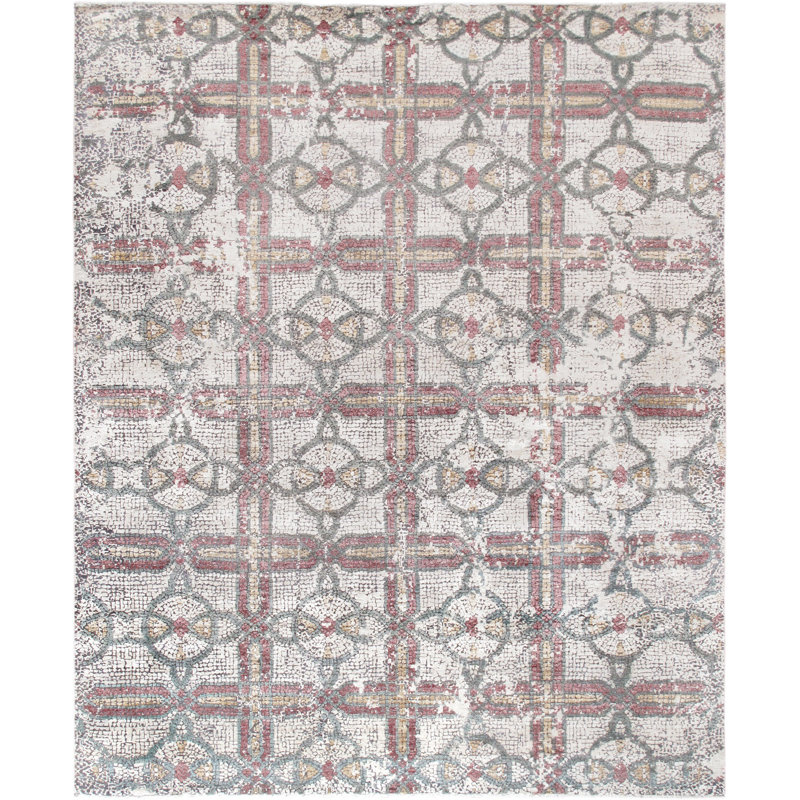 Ivory and Multi Hand-Knotted Wool Silk Area Rug