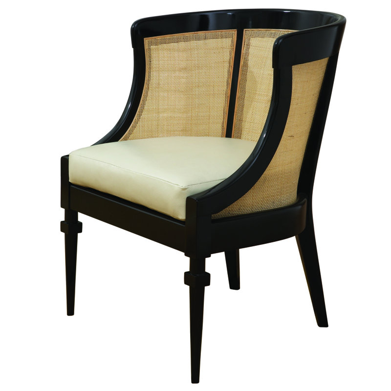 Alder Wood & Black Cane Barrel Accent Chair in Ivory Leather