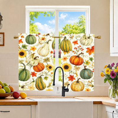 2Pcs Autumn Harvest Pumpkins and Sunflowers Curtains, light filtering fabric, decorative print, rod pocket design, for living room, bedroom, kitchen, fall home decoration