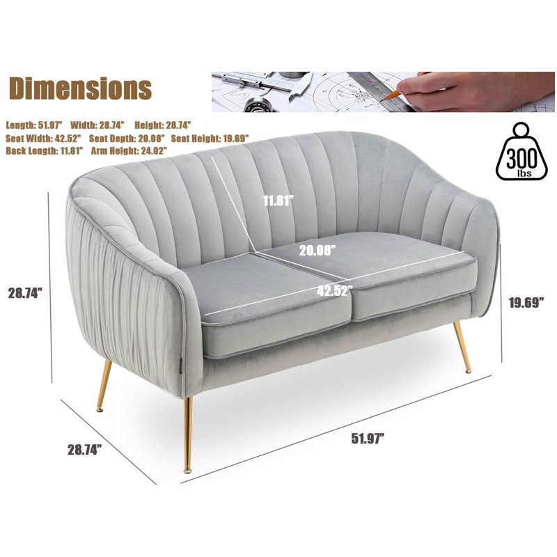 Velvet Sofa Couch With Gold Finished Legs, Gray