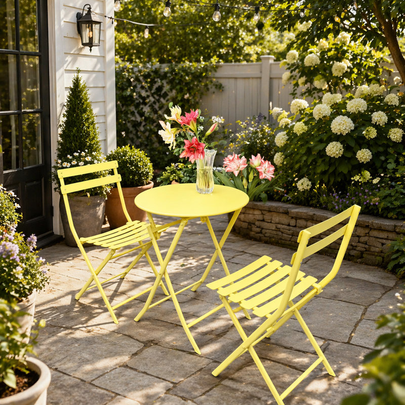 Ensemble bistro 3 pièces avec chaises pliantes et table ronde, jaune vif pour l'intérieur et l'extérieur