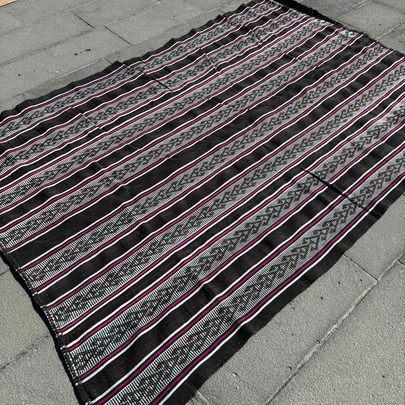 Tapis turc rétro vintage Oushak avec rayures et motifs uniques, idéal pour la cuisine