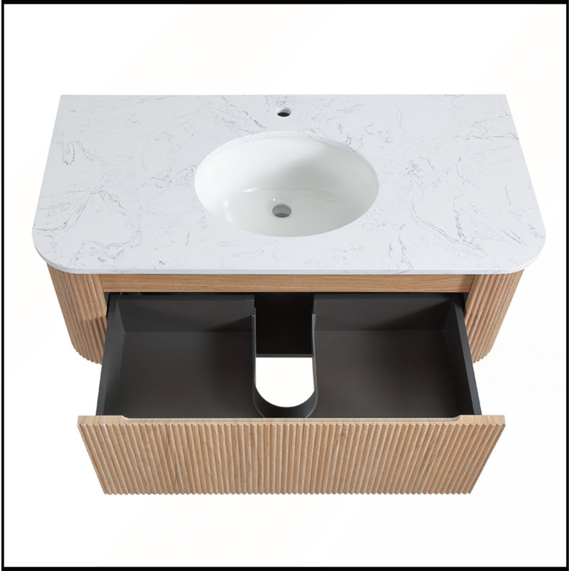 Meuble-lavabo mural 42 po avec comptoir en marbre artificiel Carrara, lavabo en céramique et tiroir spacieux pour une élégance moderne Arcora