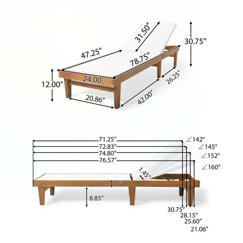 Chaise longue de patio en bois, Blanc, Teck