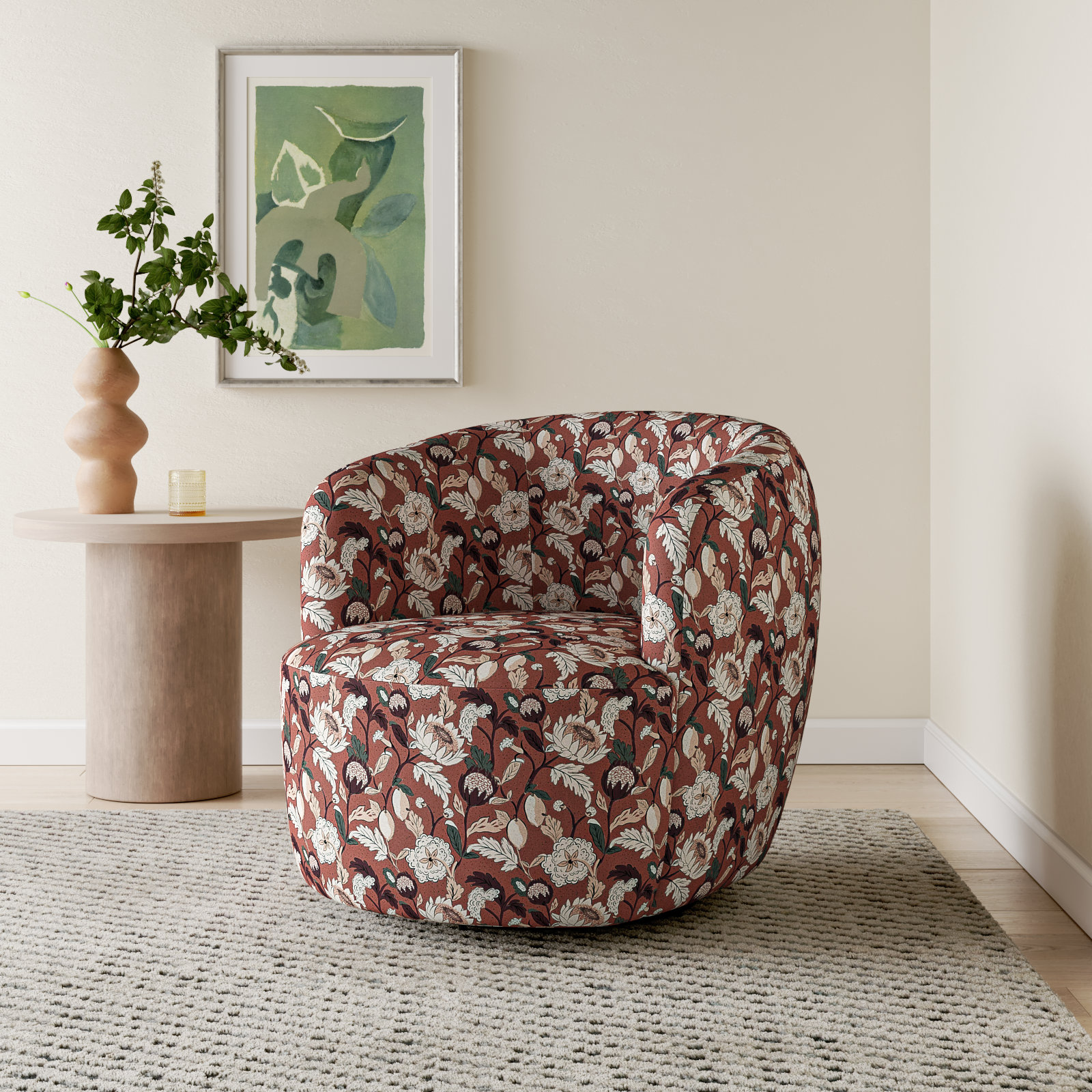 Mina Cotton Swivel Barrel Chair, Dottie Floral Weathered Rose