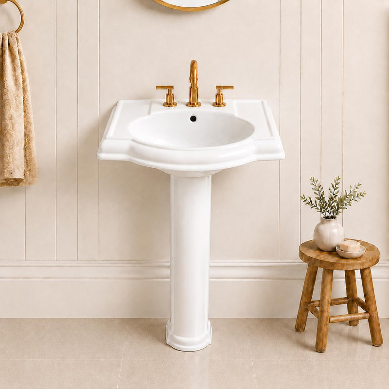 Lavabo de salle de bain piédestal en céramique blanche, lavabo courbé à 3 trous de 4 pouces
