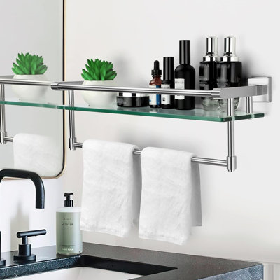 Premium Tempered Glass Bathroom Shelf with Stainless Steel Towel Bar Wall Mounted Elegance
