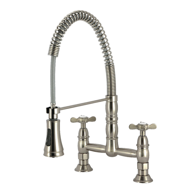 Kingston Brass Essex Double-Handle 2-Hole Deck-Mount Pre-Rinse Bridge Kitchen Faucet, Brushed Nickel