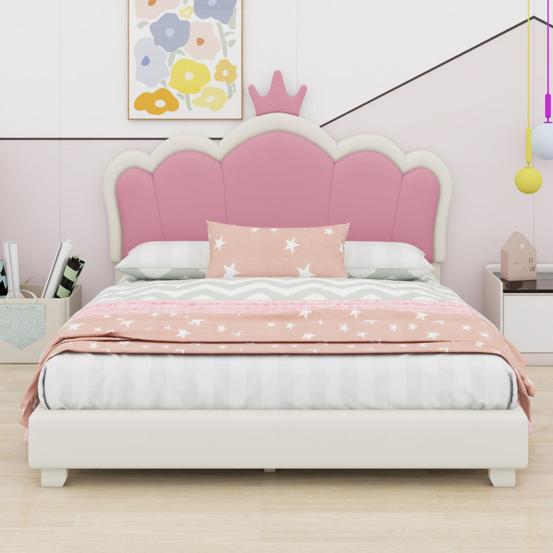 Lit princesse rembourré avec tête de lit couronne, blanc