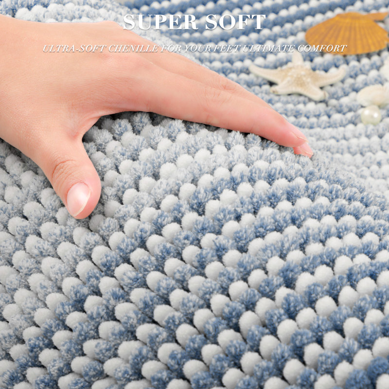 Slip‑Resistant Fluffy Water‑Absorbing Washable Bath Mats, Fog Blue, 24" x 70" Plus 20" x 32"