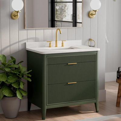 36" Freestanding Bathroom Vanity, Carrara Marble Top, Soft-Close Drawers, Fully Assembled, Gray/White/Green Finish