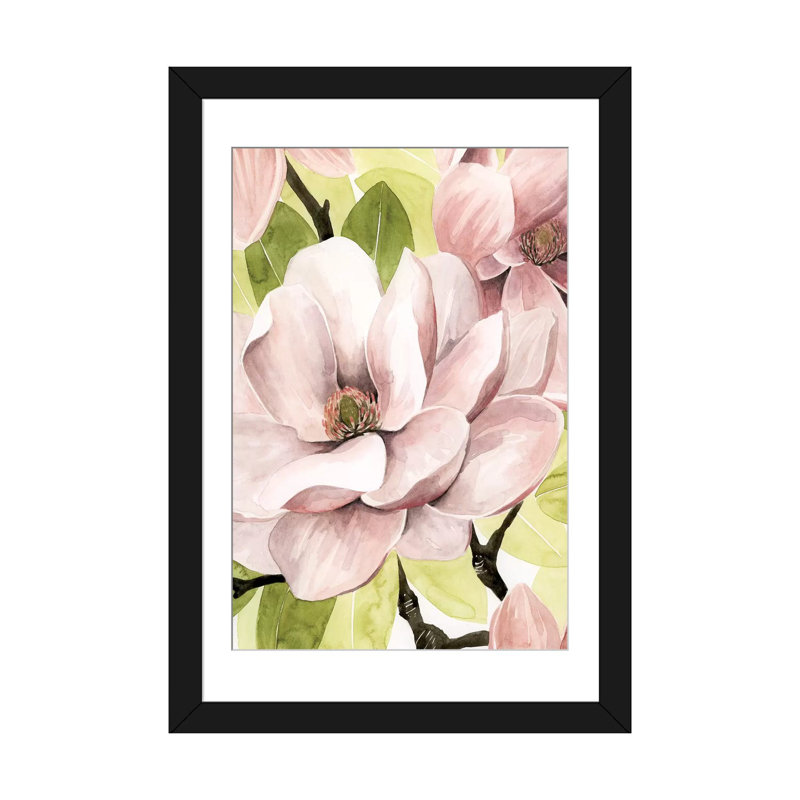 «Blush Magnolia II», impression sur toile, H 24 po x l 16 po x P 1 po, Papier d'art encadré noir, Blanc