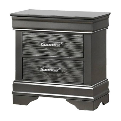Jean Nightstand, 2 Drawers, Curved Frame, 24 Inch Dark Gray Solid Wood by Benjara