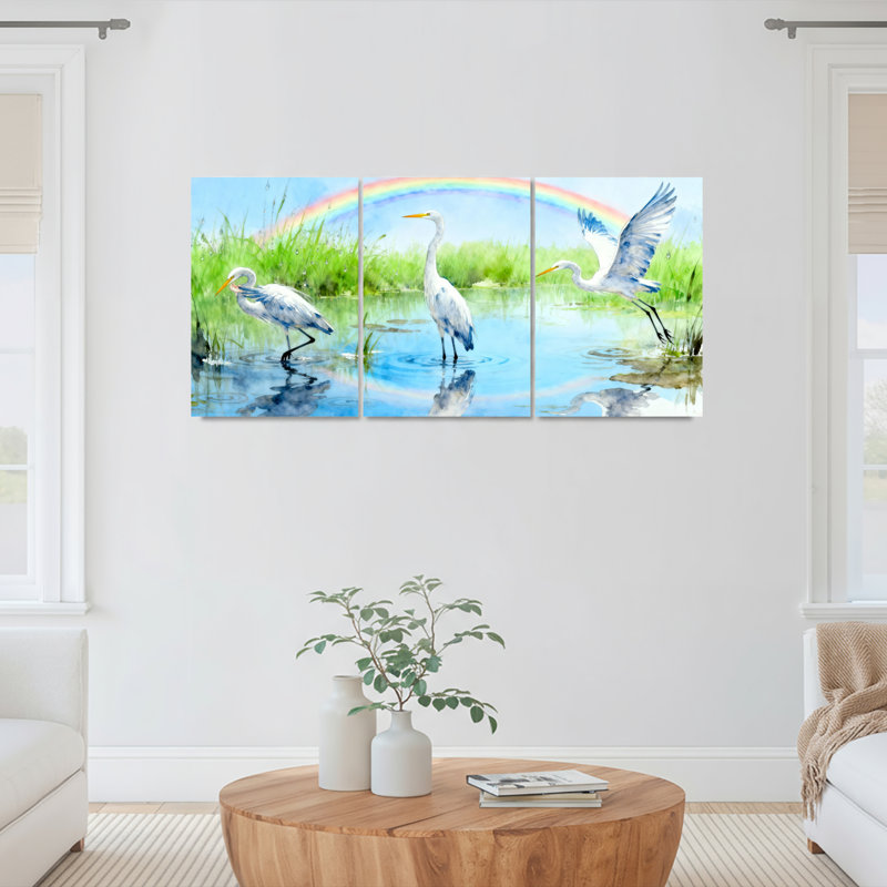 «White Herons in Rainbow Landscape», ensemble de 3 reproductions d'art sur toile tendues, H 18 po x l 36 po