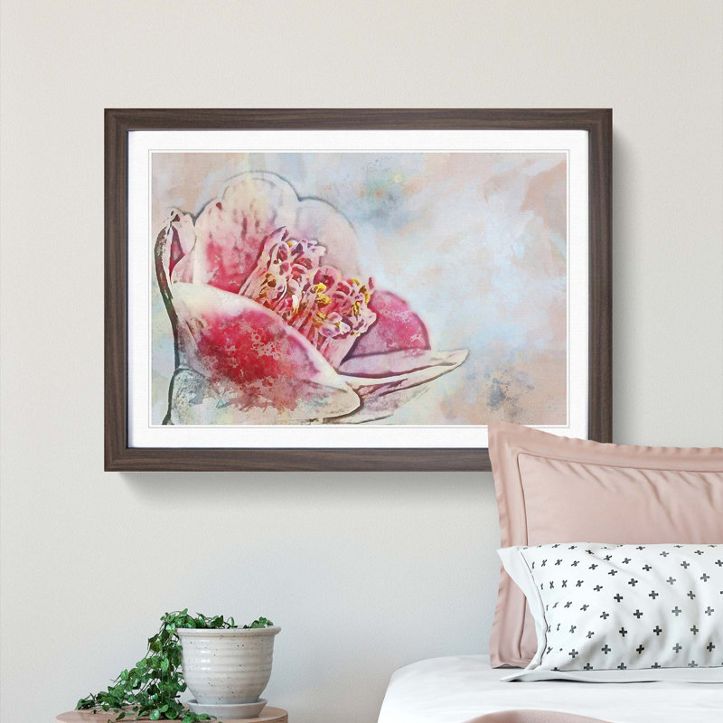 Blossoming Pink Camellia Flower in Abstract - Picture Frame Painting Print, 27cm H x 36cm W x 2cm D, Walnut Framed