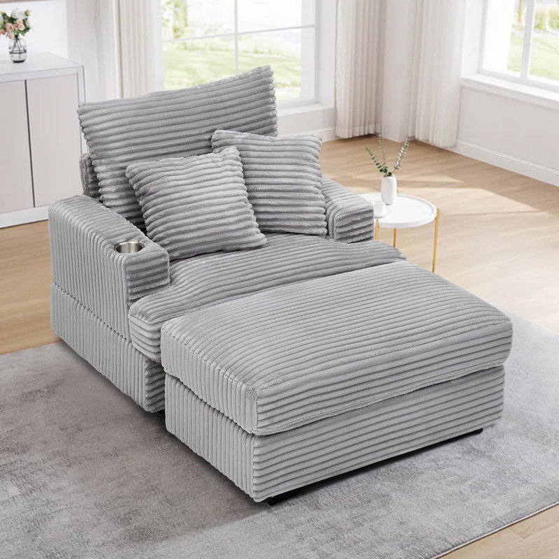39" Wide Corduroy Upholstered Chaise Lounge Chair Accent Chair with Cup Holder for Living Room, Bedroom, Office, Gray