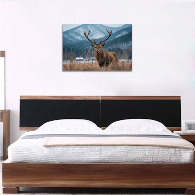 Art mural sur toile grand cerf d'hiver, paysage de montagne enneigée, reproduction d'art sur toile, affiche de peinture rustique d'hiver, photo de cerf inspirée de la nature pour Noël et décoration intérieure, prête à être accrochée, 12 x 16 - 36 x 48, 28 po x 40 po
