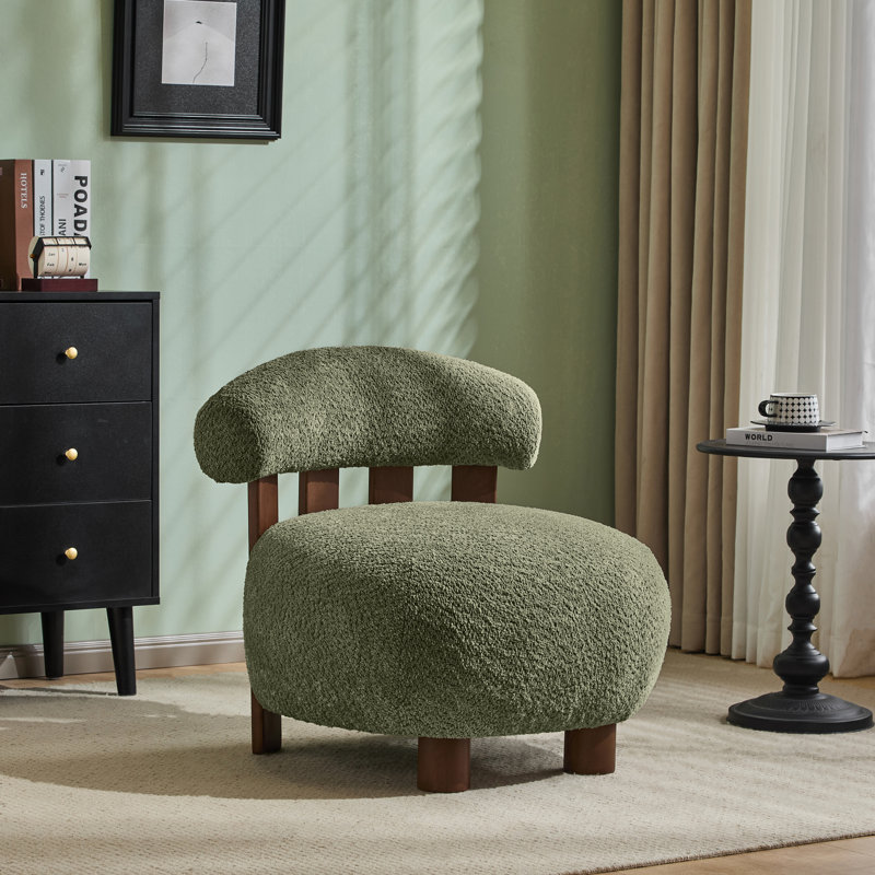 Zavier Boucle Upholstered Accent Chair With Wooden Legs, Olive Green