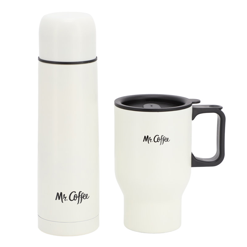 Ensemble de 2 bouteilles isothermes et tasse de voyage Mr. Coffee Javelin, Blanc / Blanc
