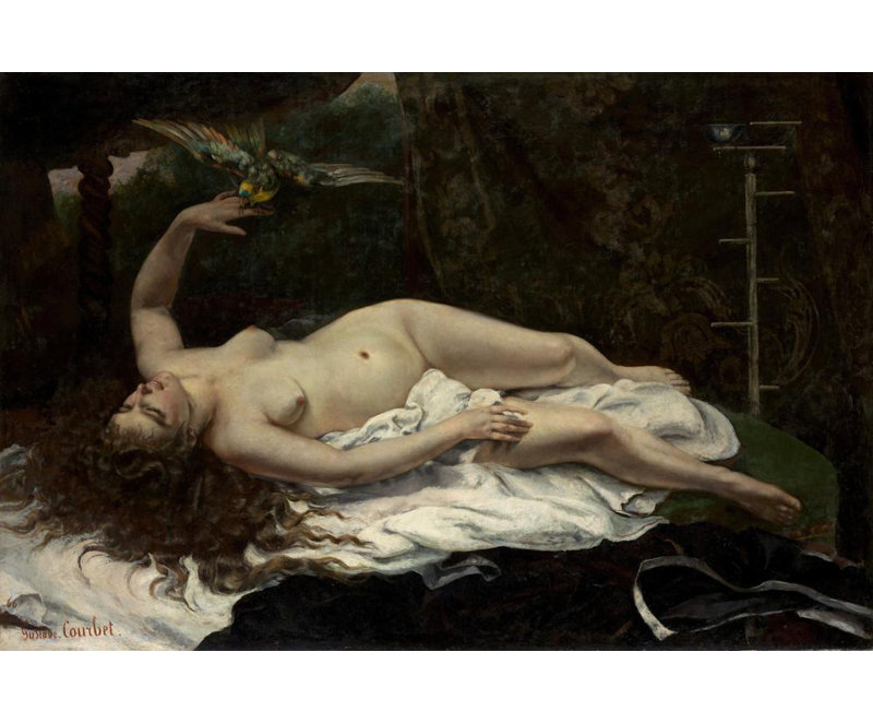 "Woman with a Parrot" by  Gustave Courbet - Gallery Wrap Canvas Wall Art, 40" H x 28" W