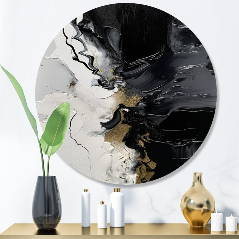 «Black Textured Splash Paint Art I», art abstrait mural rond en métal, H 16 po x l 16 po x P 1 po