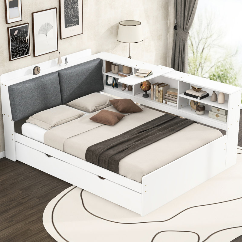Lit plateforme double en bois blanc avec lit gigogne, tablettes de rangement et tête de lit - rangement simple, tablettes
