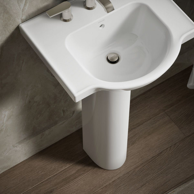 Veer™ Ceramic Pedestal Bathroom Sink with Overflow, White, 8" Centers, 35.5" H x 21" L x 18.25" W