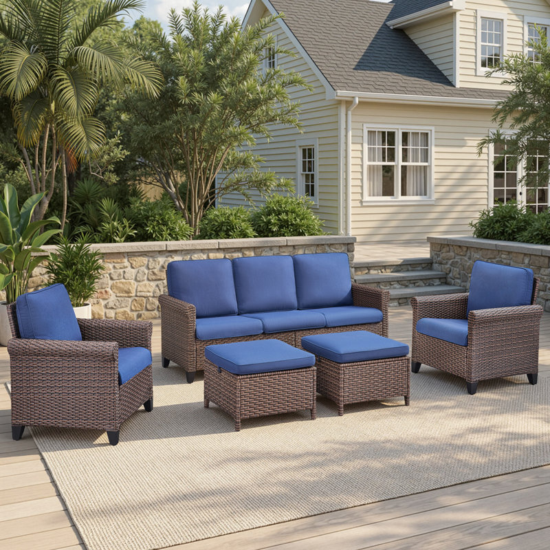 Ensemble de conversation pour canapé d'extérieur en osier 5 pièces avec fauteuils et repose-pieds, Blue
