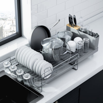 Large Dish Drying Rack - Extendable Dish Rack, Multifunctional Dish Rack for Kitchen Counter, Anti-Rust Dish Drainers with Cutlery & Cup Holders 19.2"-26.7" L x 12.9" W, Grey