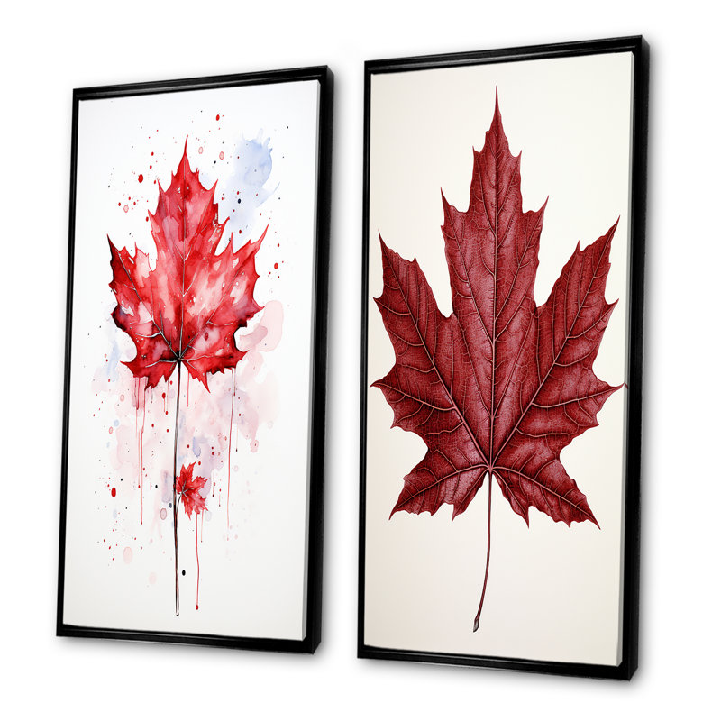 Red Maple Leaf Beauty I - ensemble de 2 décorations murales feuille d'érable, H 28 po x l 25 po, Cadre noir