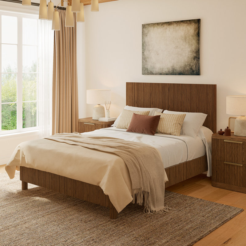  Lit en peuplier cannelé brun Hernest, Queen, Tan