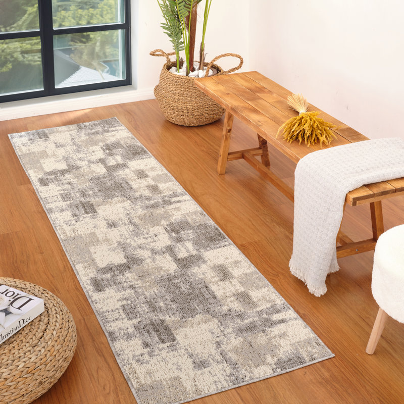 Tapis à motif abstrait gris beige., Tapis de couloir 2 pi 3 po x 8 pi
