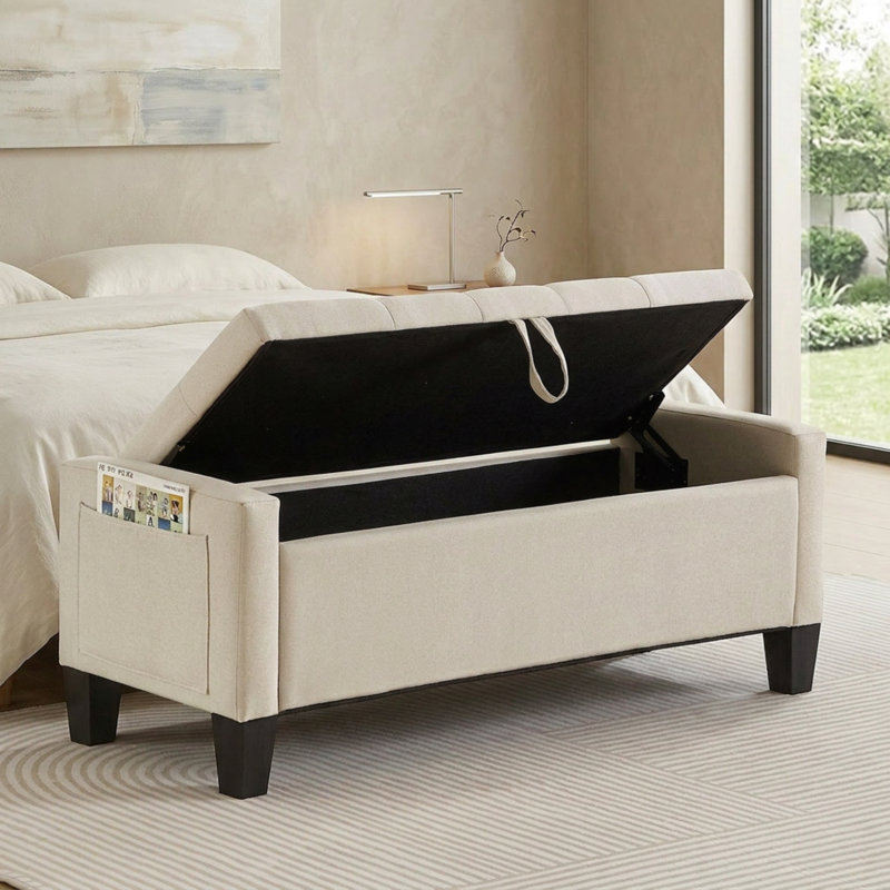 Banc de rangement avec repose-pieds 45 po avec charnière de sécurité, banc d'entrée capitonné, 350 lb, Beige