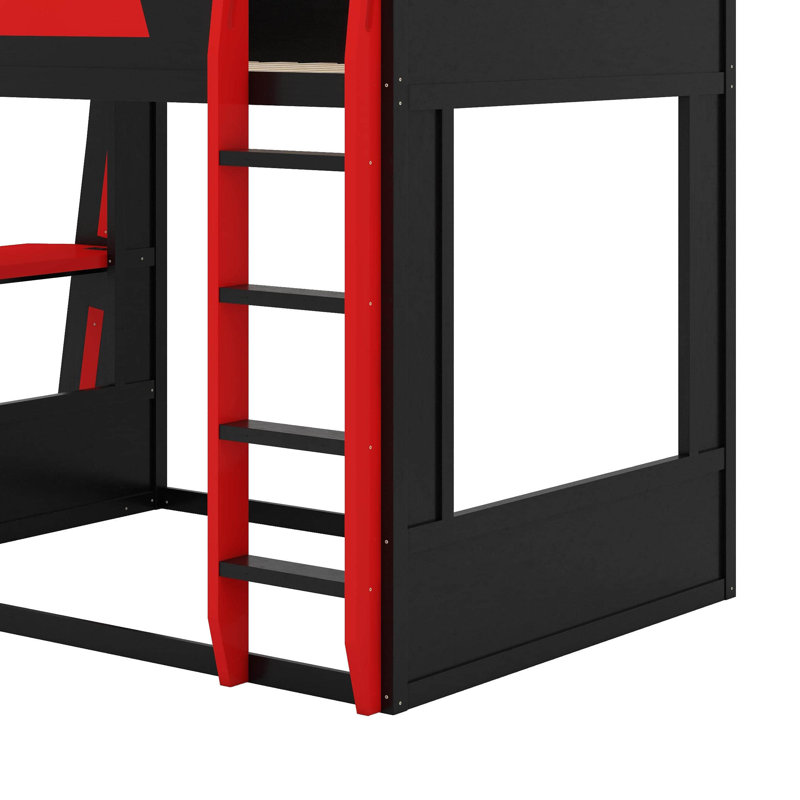 Grand lit superposé en bois avec bureau, deux tablettes de rangement, USB et lumière DEL, Grand, Noir/rouge