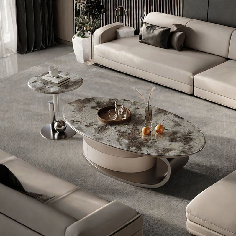 Table basse ovale en pierre supercristalline, Brun, H 16,5 po x L 51,2 po x l 27,6 po