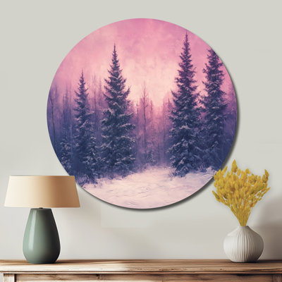 Snowy Pines At Dusk - Forest Winter Round Metal Wall Decor