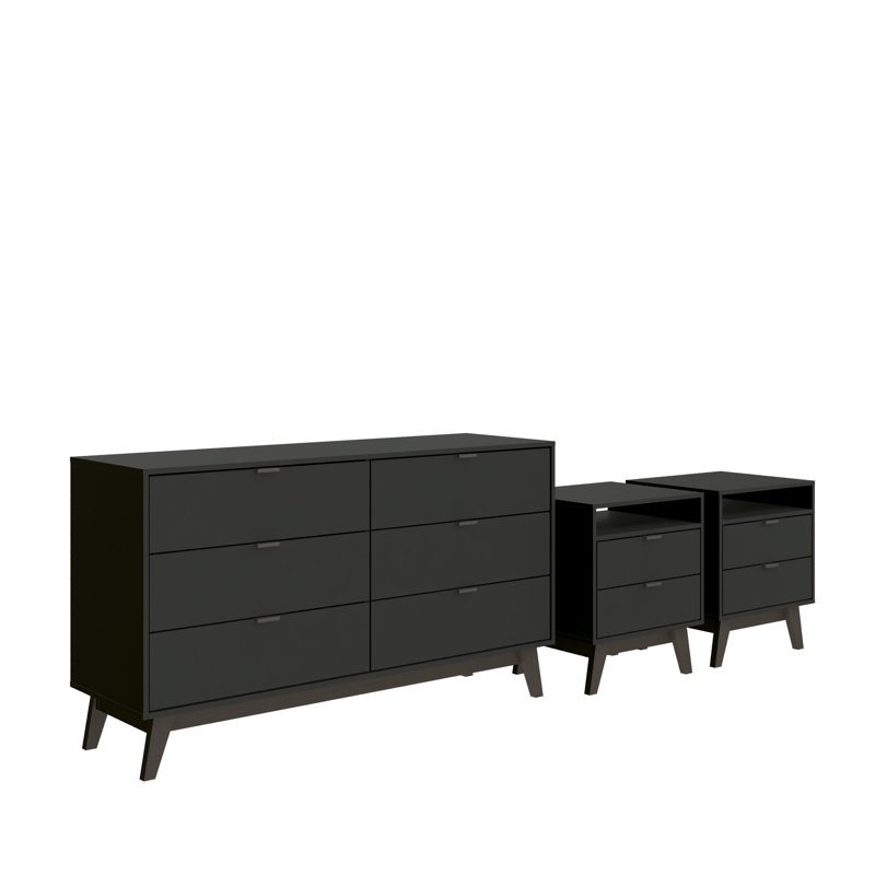 Ensemble de chambre à coucher 3 pièces Bernando - Commode 6 tiroirs et 2 tables de chevet 2 tiroirs, Noir