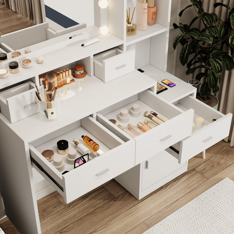 Functional Dressing Table With Open Shelves And Drawers For Bedroom Elegant Makeup Space