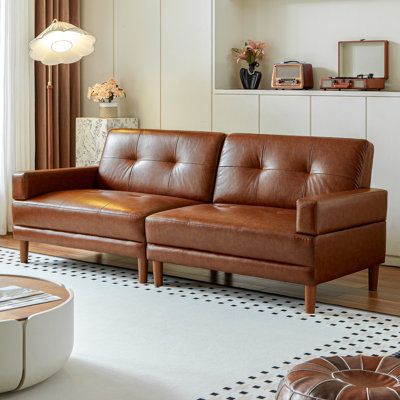 Analycia 86.6" Brown Tufted Leather Sofa With Square Arms And Deep Seat, Mid Century Modern 3-Seater Upholstered Sectional Couch For Living Room Home Office
