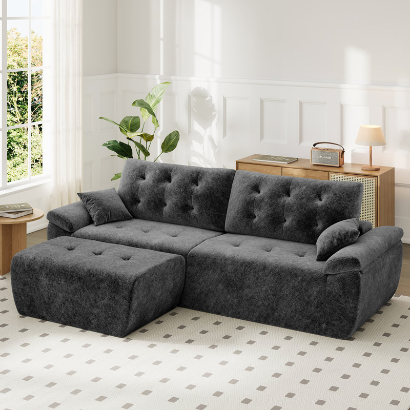 Modern Oversized 275cm 3-Sets Boneless Chenille Sofa With Ottoman And High-resilience Foam, Grey