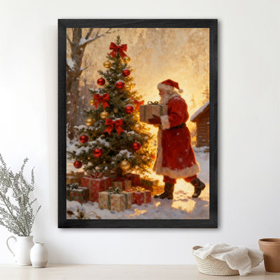 Père Noël noir encadré noir décorant un arbre de Noël, impressions murales de style rétro
