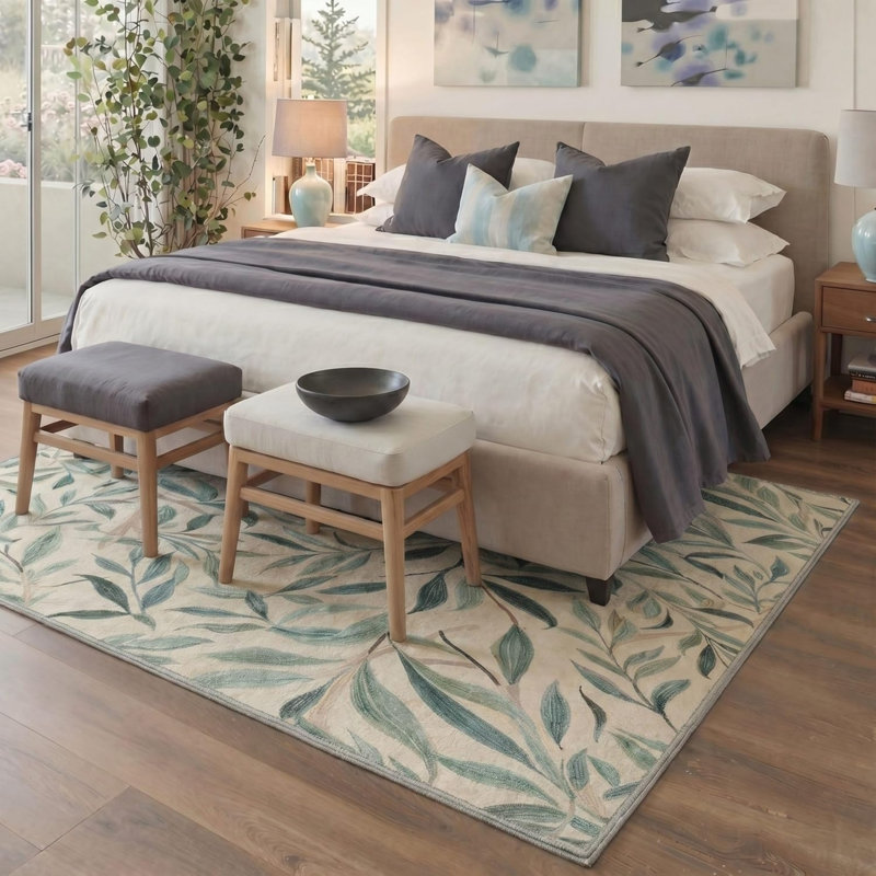 Botanical Green Leaf 5' x 7' Rug for Bedroom & Home Office