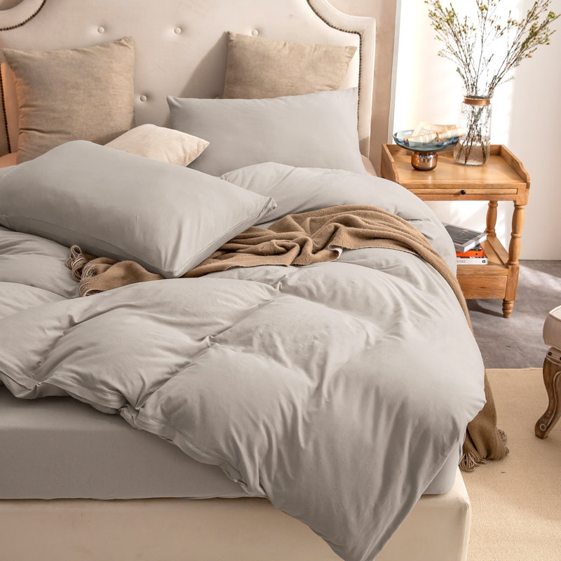 HOME BEDDING Jersey Cotton Duvet Cover Set, Cream Gray, King Duvet Cover + 2 King Shams