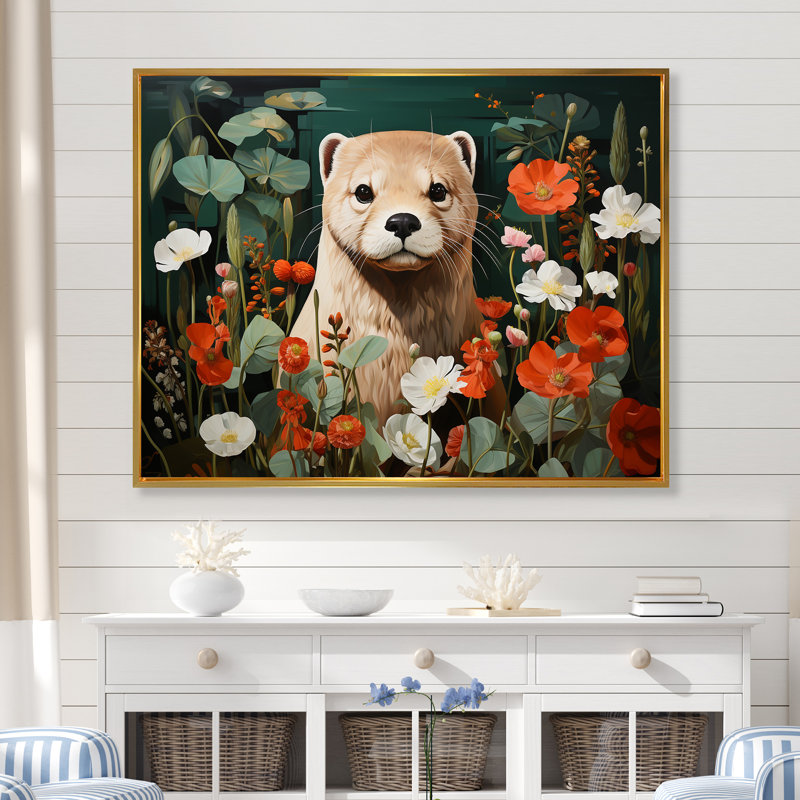Curieuse loutre brune dans une prairie fleurie - art de la loutre, H 30 po x l 40 po x P 1,5 po, Cadre flottant doré