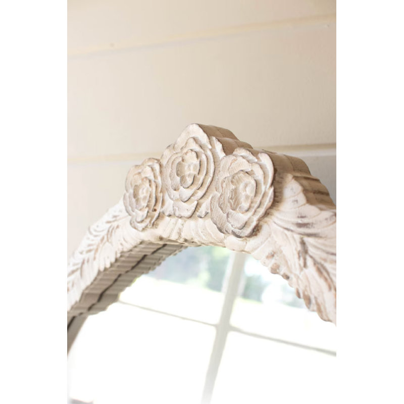 LARGE ARCHED WOOD FRAMED MIRROR WITH CARVED DETAIL