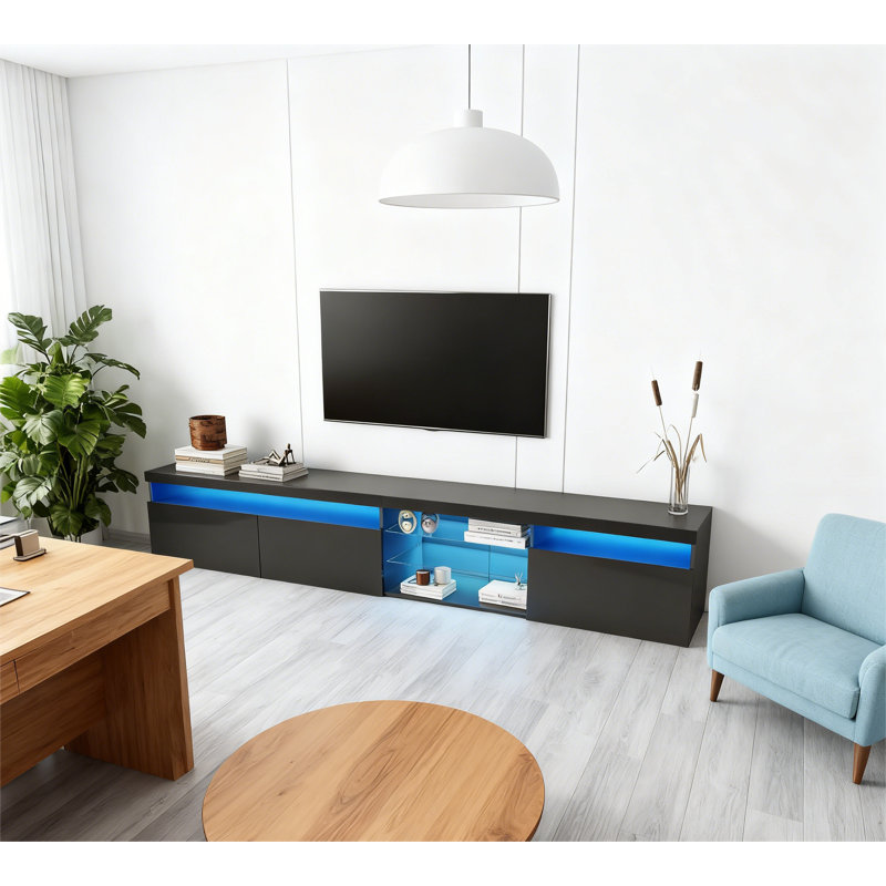 Meuble télé au design unique avec 2 tablettes en verre, Noir