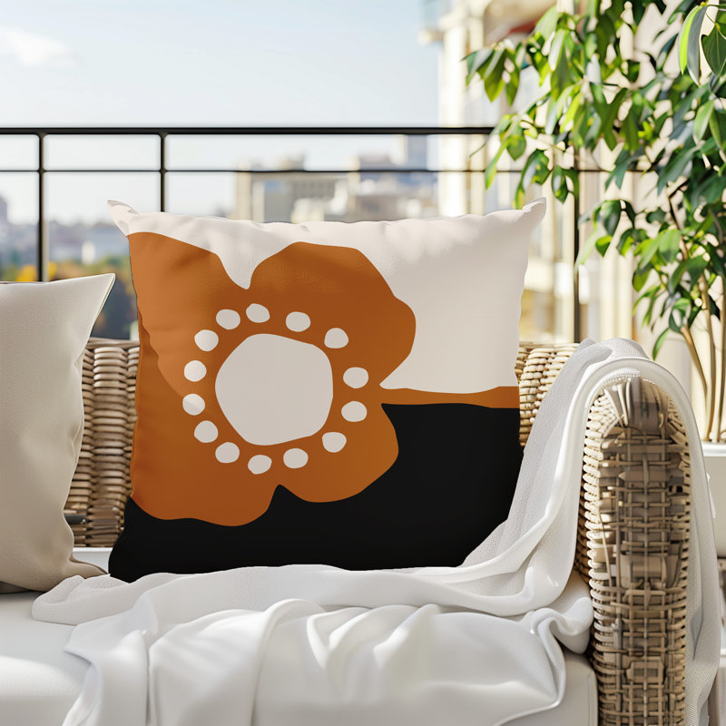 Oreiller carré réversible intérieur / extérieur Tobe Minimalist, H 15 po x l 15 po, Orange brûlé / noir / blanc cassé