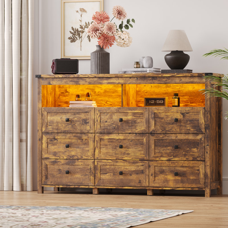 Commode 9 tiroirs 59 po avec éclairage à DEL et prise de courant, commode double en bois pour chambre à coucher, salon, Brun